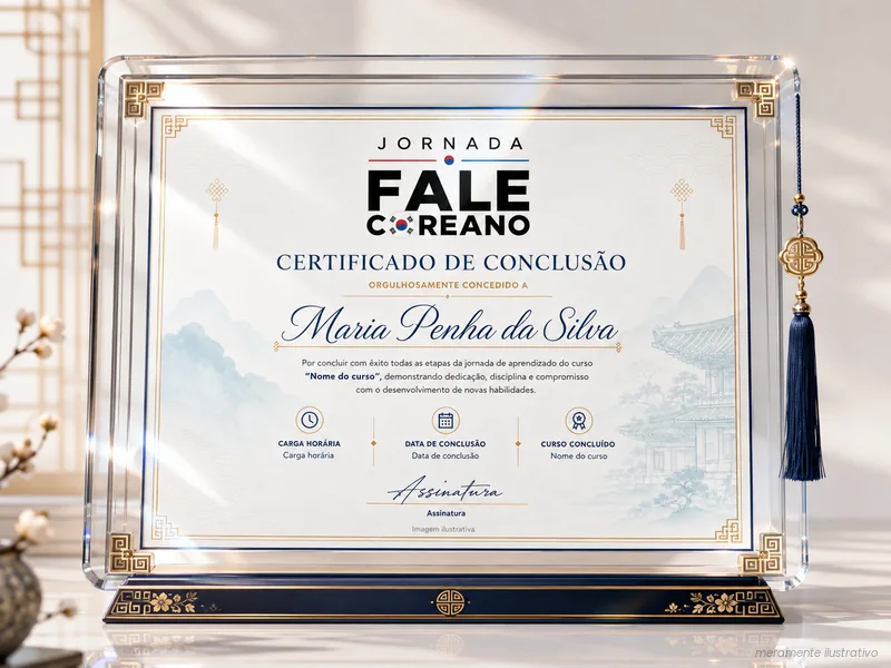 Certificado de conclusao da Jornada Fale Coreano, imagem meramente ilustrativa