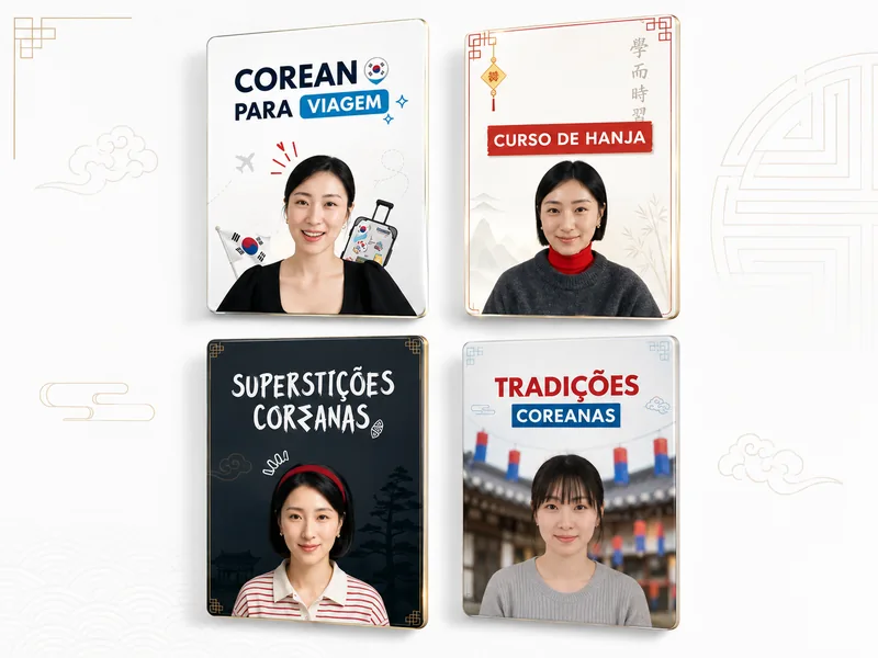 As capas dos 4 minicursos: Coreano para Viagem, Curso de Hanja, Superstições Coreanas e Tradições Coreanas